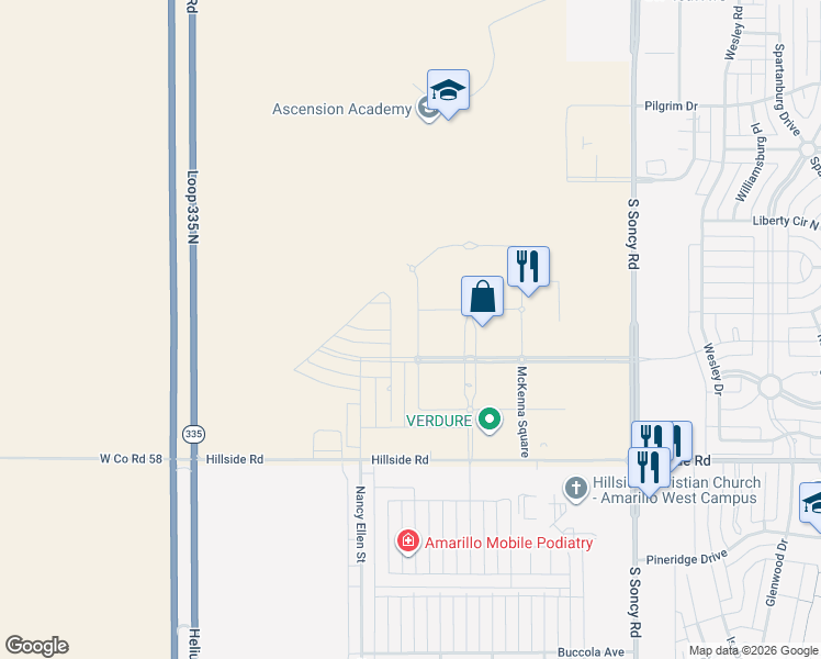 map of restaurants, bars, coffee shops, grocery stores, and more near Union Square in Amarillo