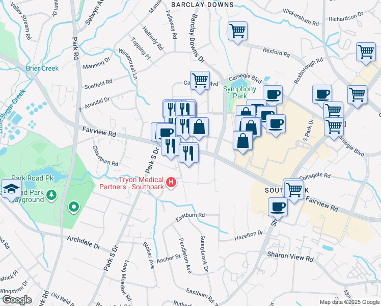 map of restaurants, bars, coffee shops, grocery stores, and more near 6010 Fairview Road in Charlotte
