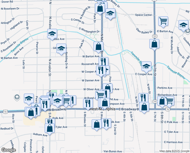 map of restaurants, bars, coffee shops, grocery stores, and more near 111 West Danner Avenue in West Memphis