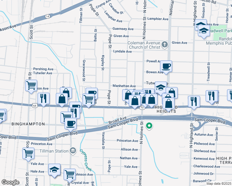 map of restaurants, bars, coffee shops, grocery stores, and more near 689 Hillcrest Street in Memphis