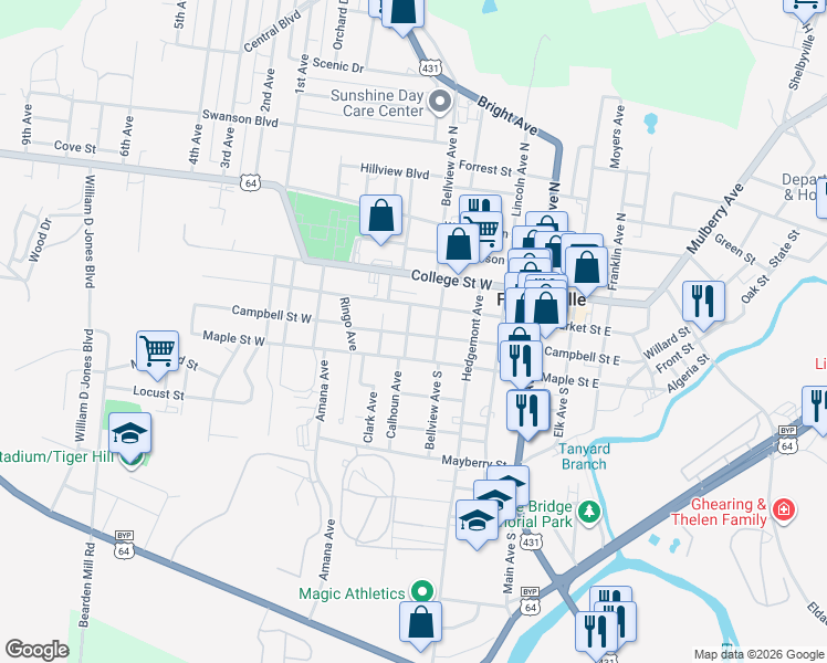 map of restaurants, bars, coffee shops, grocery stores, and more near 415 Campbell Street West in Fayetteville