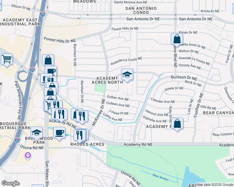 map of restaurants, bars, coffee shops, grocery stores, and more near 6428 Samantha Drive Northeast in Albuquerque