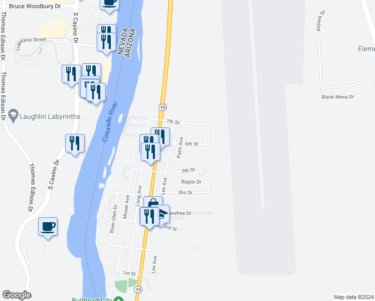 map of restaurants, bars, coffee shops, grocery stores, and more near 192 Palm Ave in Bullhead City