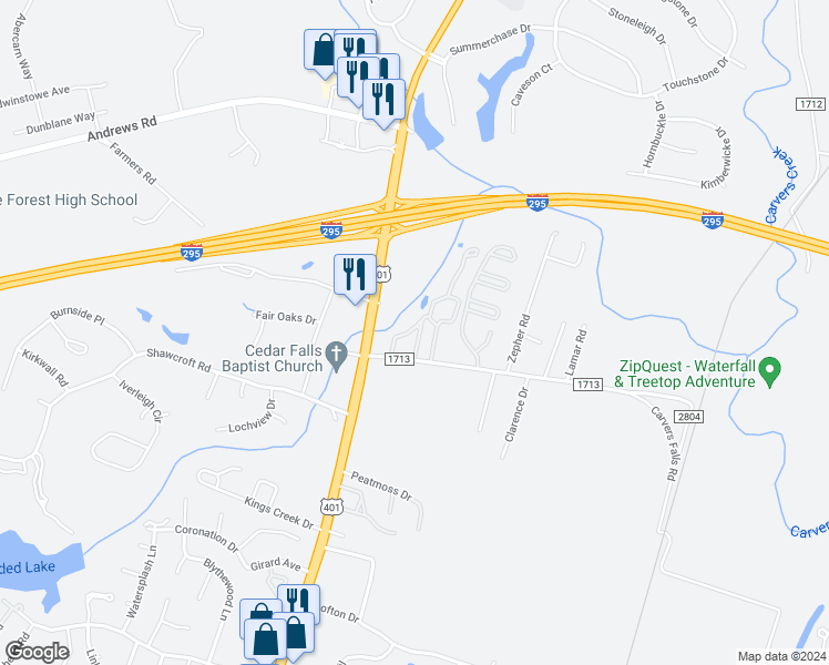 map of restaurants, bars, coffee shops, grocery stores, and more near 244 Carver Pine Loop in Fayetteville