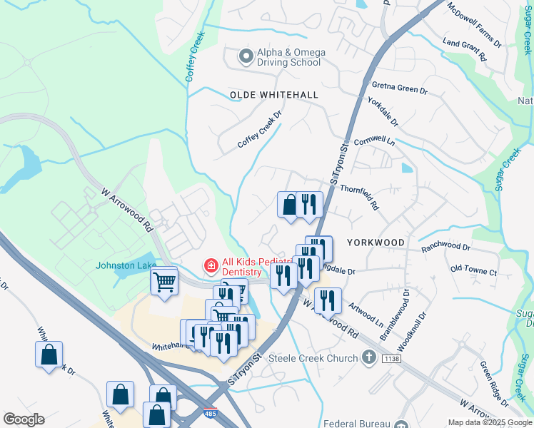 map of restaurants, bars, coffee shops, grocery stores, and more near 7543 Fallow Ln in Charlotte