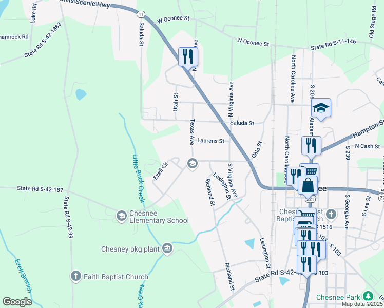 map of restaurants, bars, coffee shops, grocery stores, and more near 524 Fairfield Street in Chesnee