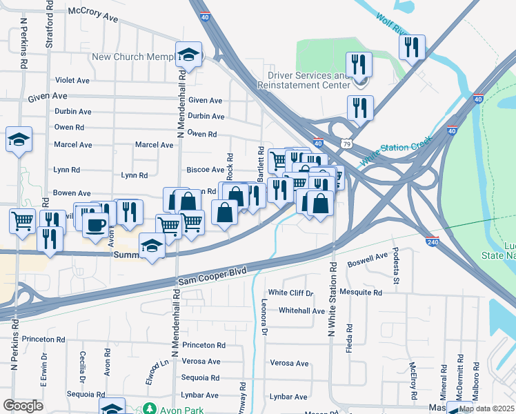 map of restaurants, bars, coffee shops, grocery stores, and more near 5011 Acorn Drive in Memphis
