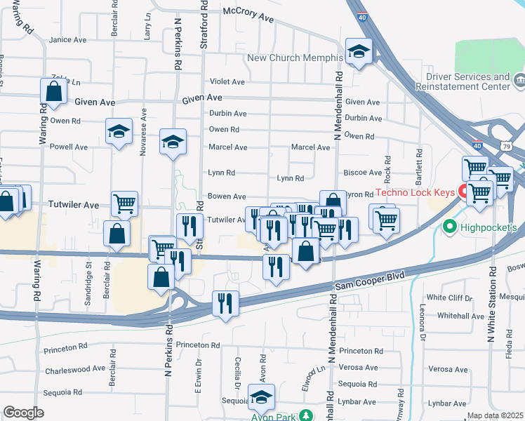 map of restaurants, bars, coffee shops, grocery stores, and more near 725 Avon Road in Memphis