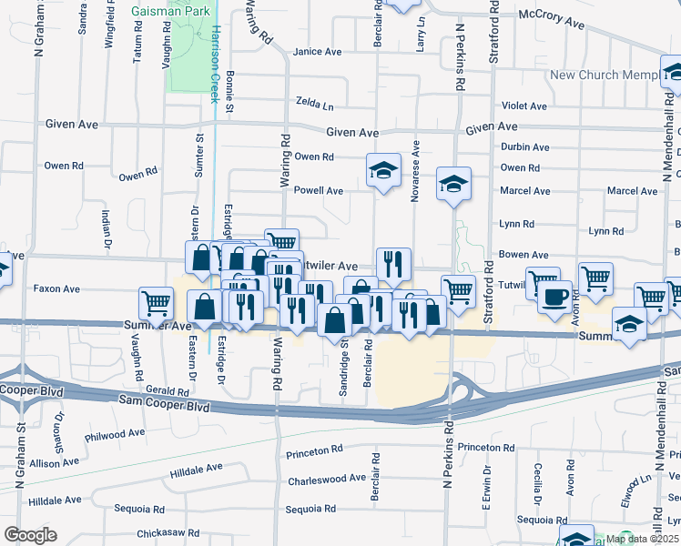map of restaurants, bars, coffee shops, grocery stores, and more near 4425 Tutwiler Avenue in Memphis