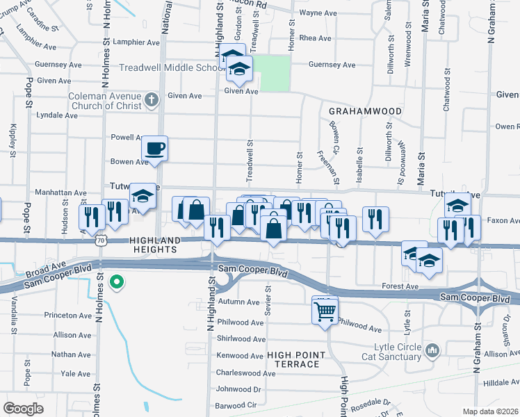 map of restaurants, bars, coffee shops, grocery stores, and more near 3584 Faxon Avenue in Memphis