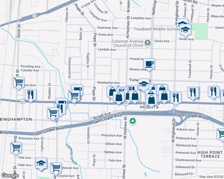map of restaurants, bars, coffee shops, grocery stores, and more near 692 Hudson Street in Memphis