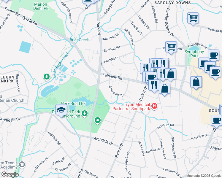 map of restaurants, bars, coffee shops, grocery stores, and more near 5530 Closeburn Road in Charlotte