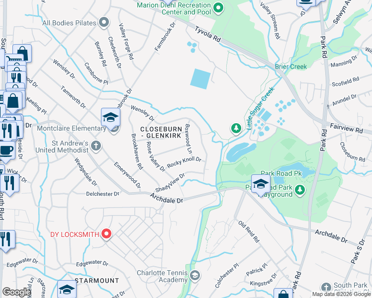 map of restaurants, bars, coffee shops, grocery stores, and more near 2234 Collingdale Place in Charlotte