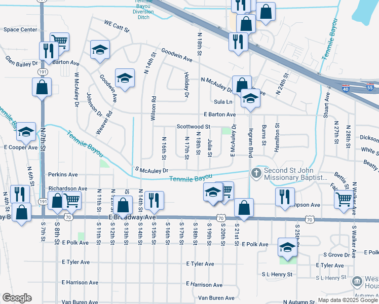map of restaurants, bars, coffee shops, grocery stores, and more near 525 North 17th Street in West Memphis