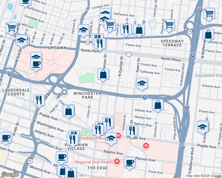 map of restaurants, bars, coffee shops, grocery stores, and more near 382 Leath Street in Memphis