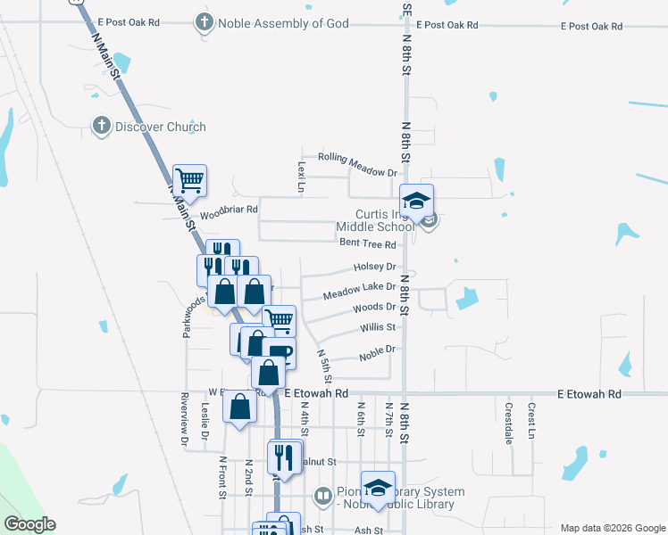 map of restaurants, bars, coffee shops, grocery stores, and more near 513 Holsey Dr in Noble