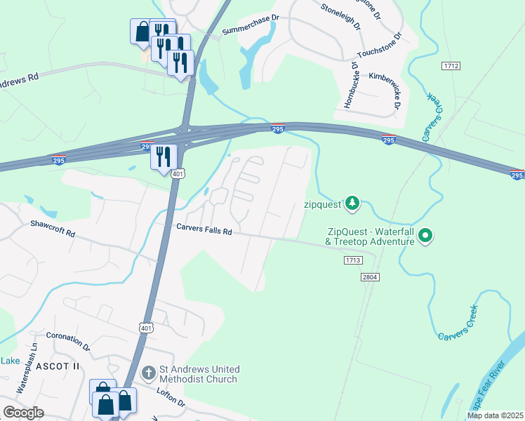 map of restaurants, bars, coffee shops, grocery stores, and more near 7023 Zepher Road in Fayetteville