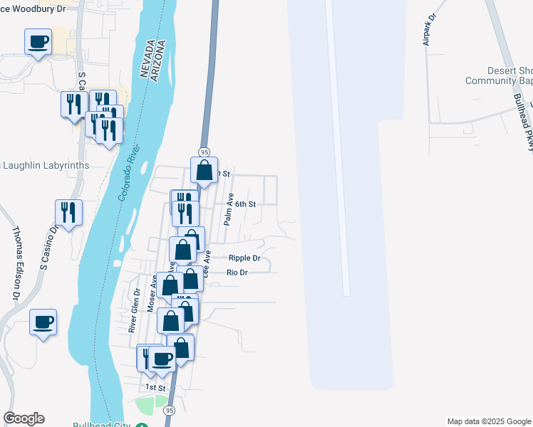 map of restaurants, bars, coffee shops, grocery stores, and more near 189 Tedford Avenue in Bullhead City
