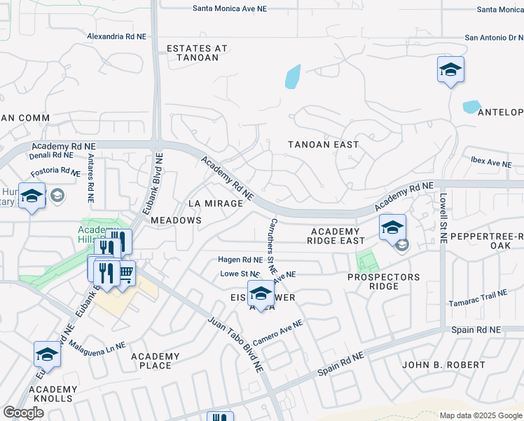 map of restaurants, bars, coffee shops, grocery stores, and more near 10909 Malaguena Lane Northeast in Albuquerque