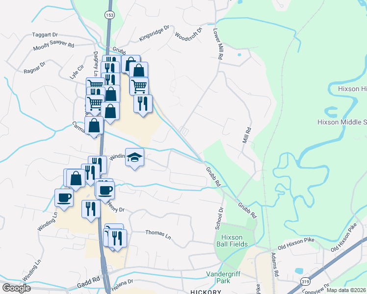 map of restaurants, bars, coffee shops, grocery stores, and more near 5723 Grubb Road in Chattanooga