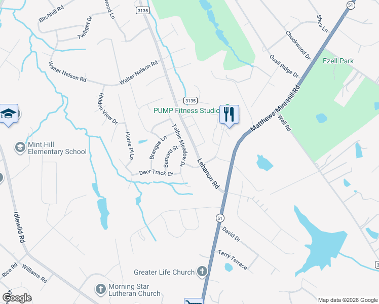 map of restaurants, bars, coffee shops, grocery stores, and more near 12740 Telfair Meadow Drive in Mint Hill