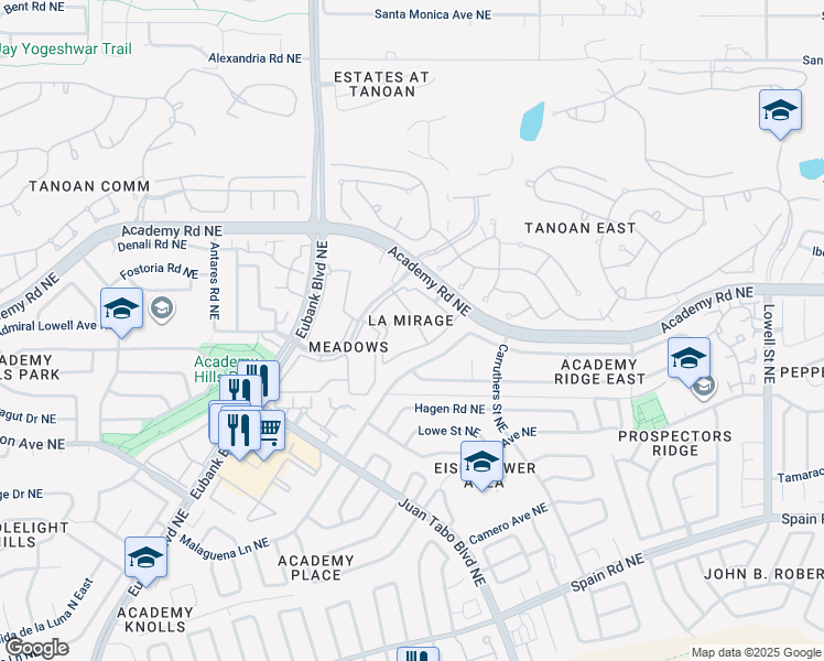 map of restaurants, bars, coffee shops, grocery stores, and more near 10700 Academy Road Northeast in Albuquerque