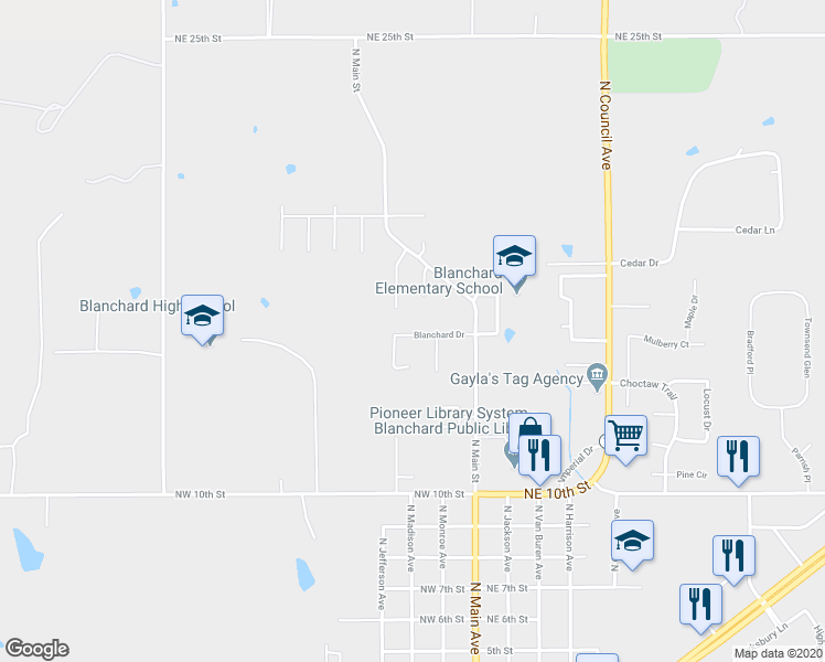 map of restaurants, bars, coffee shops, grocery stores, and more near 301 Blanchard Drive in Blanchard
