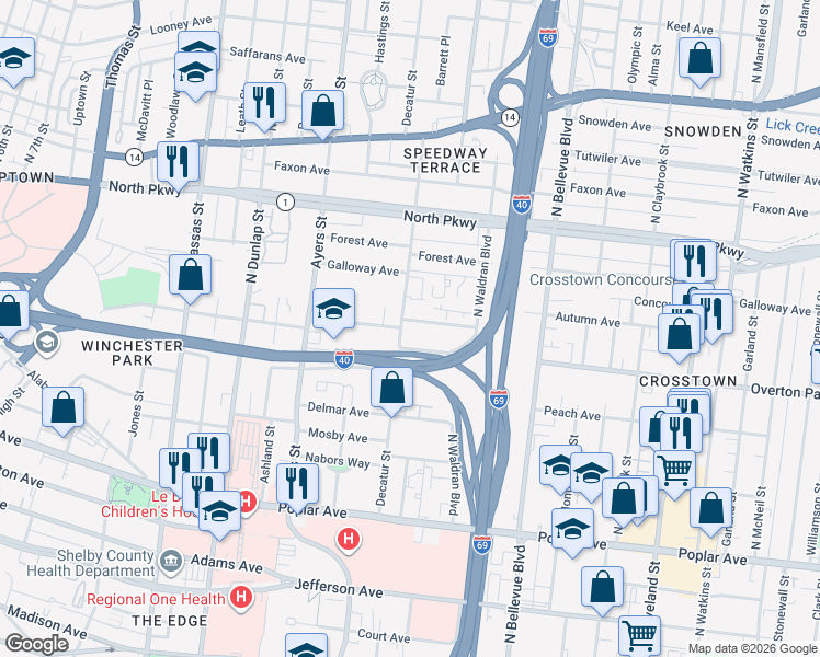 map of restaurants, bars, coffee shops, grocery stores, and more near 398 Decatur Street in Memphis