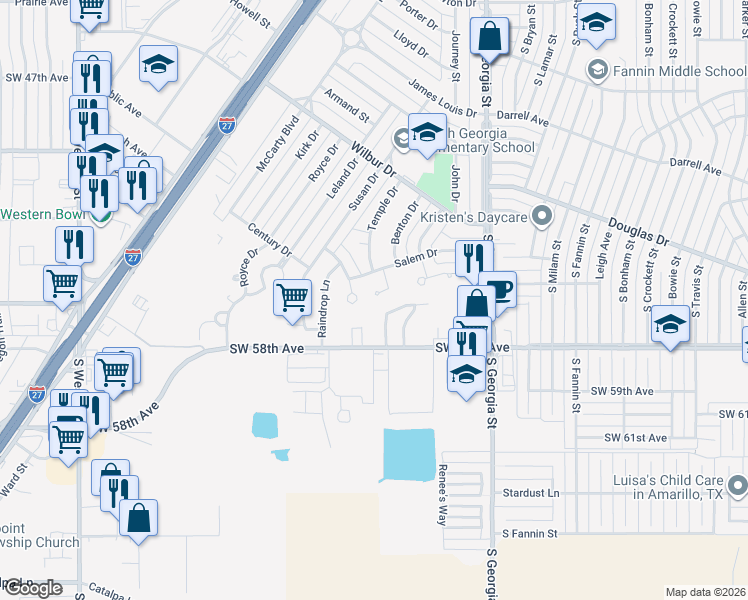 map of restaurants, bars, coffee shops, grocery stores, and more near 3007 Shores Court in Amarillo