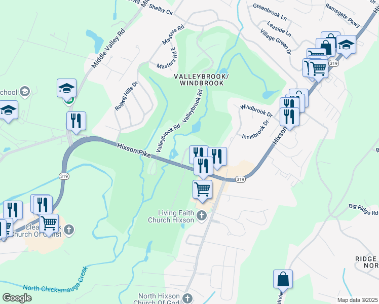 map of restaurants, bars, coffee shops, grocery stores, and more near 126 Valleybrook Circle in Chattanooga