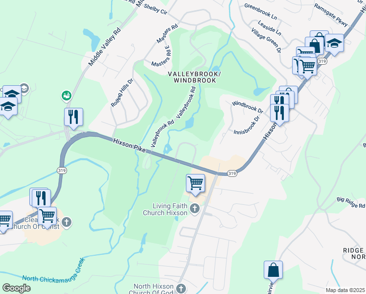 map of restaurants, bars, coffee shops, grocery stores, and more near 126 Valleybrook Circle in Chattanooga