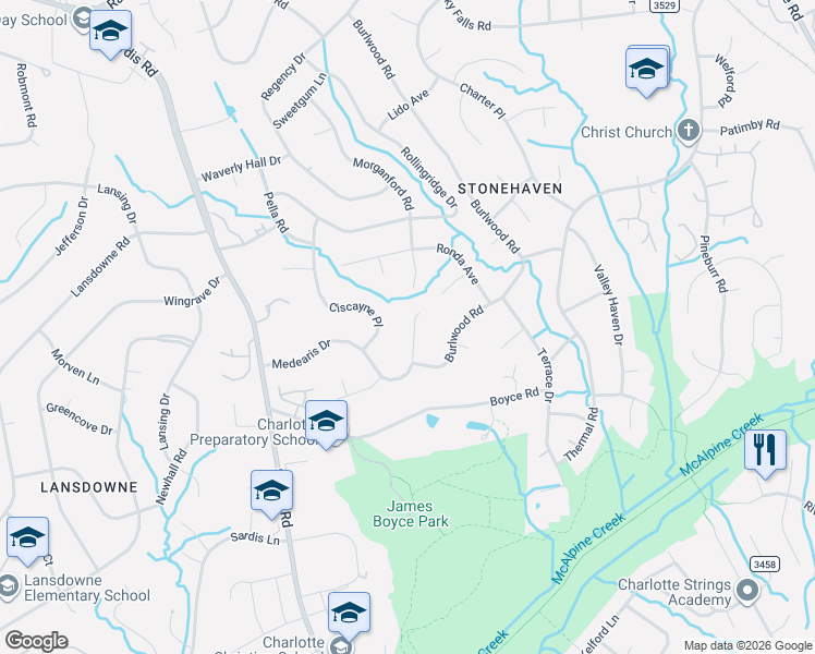 map of restaurants, bars, coffee shops, grocery stores, and more near 535 Medearis Drive in Charlotte