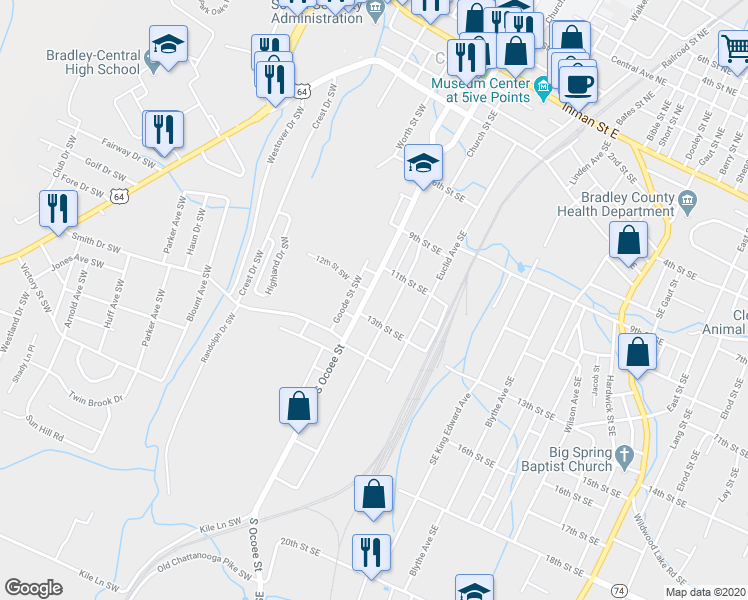 map of restaurants, bars, coffee shops, grocery stores, and more near 1245 South Ocoee Street in Cleveland