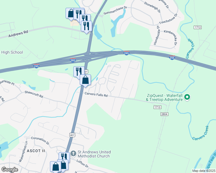 map of restaurants, bars, coffee shops, grocery stores, and more near 6240 Abbotts Park Drive in Fayetteville