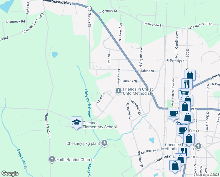 map of restaurants, bars, coffee shops, grocery stores, and more near 124 Foster Circle in Chesnee