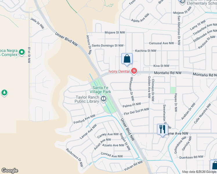 map of restaurants, bars, coffee shops, grocery stores, and more near 6356 Buenos Aires Place Northwest in Albuquerque