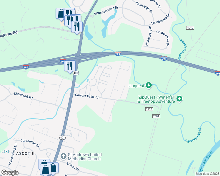 map of restaurants, bars, coffee shops, grocery stores, and more near 7023 Zepher Road in Fayetteville