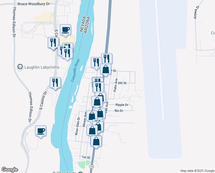 map of restaurants, bars, coffee shops, grocery stores, and more near 193 Lee Avenue in Bullhead City