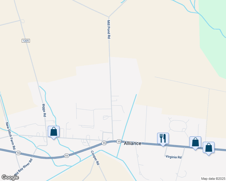 map of restaurants, bars, coffee shops, grocery stores, and more near 390 Mill Pond Road in Bayboro
