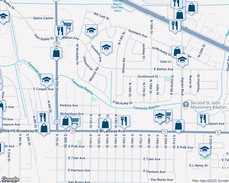 map of restaurants, bars, coffee shops, grocery stores, and more near 510 North 14th Street in West Memphis