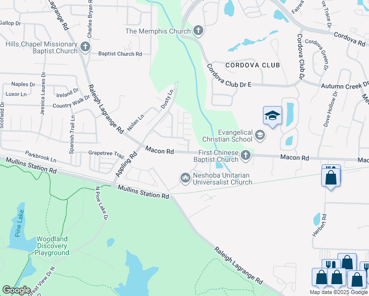 map of restaurants, bars, coffee shops, grocery stores, and more near 7392 Macon Road in Shelby County