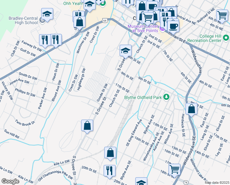map of restaurants, bars, coffee shops, grocery stores, and more near 1196 Church Street Southeast in Cleveland