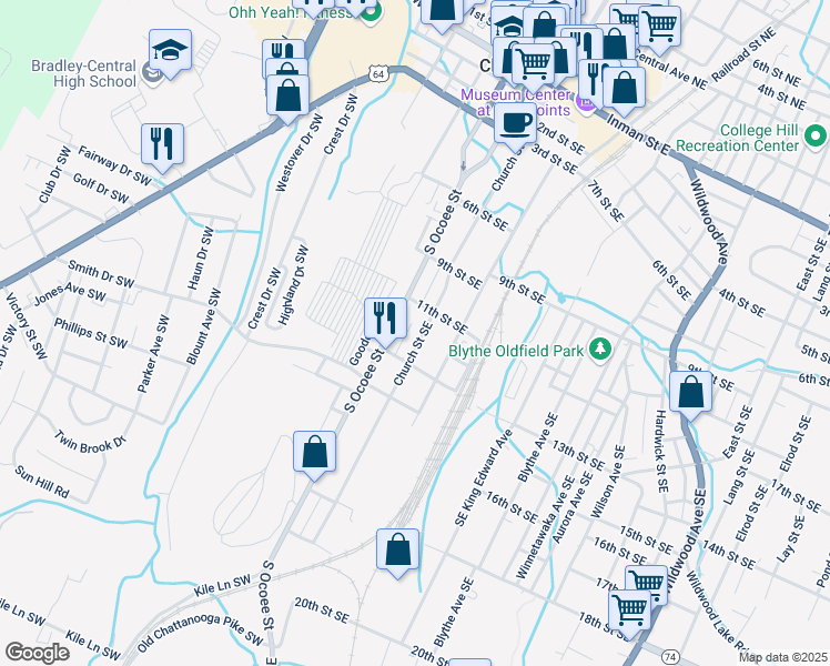 map of restaurants, bars, coffee shops, grocery stores, and more near 1196 Church St SE in Cleveland