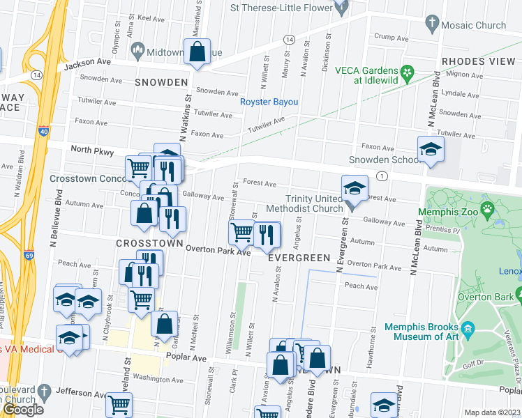 map of restaurants, bars, coffee shops, grocery stores, and more near 476 N Willett St in Memphis