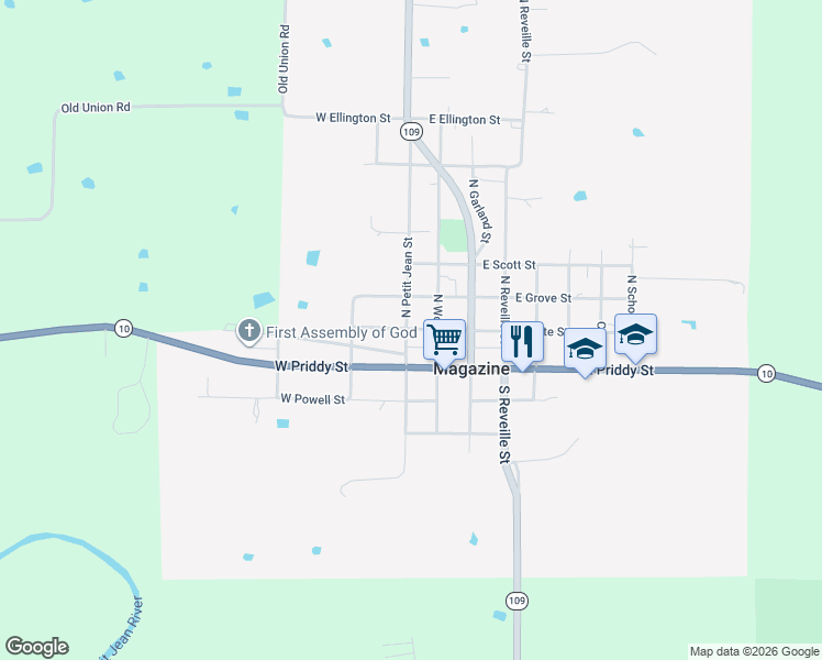 map of restaurants, bars, coffee shops, grocery stores, and more near 179 East State Street in Magazine