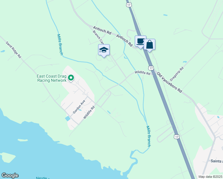 map of restaurants, bars, coffee shops, grocery stores, and more near 201 Pettiford Lane in New Bern