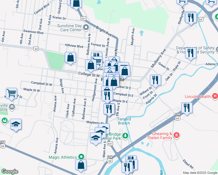 map of restaurants, bars, coffee shops, grocery stores, and more near 203 Main Avenue South in Fayetteville