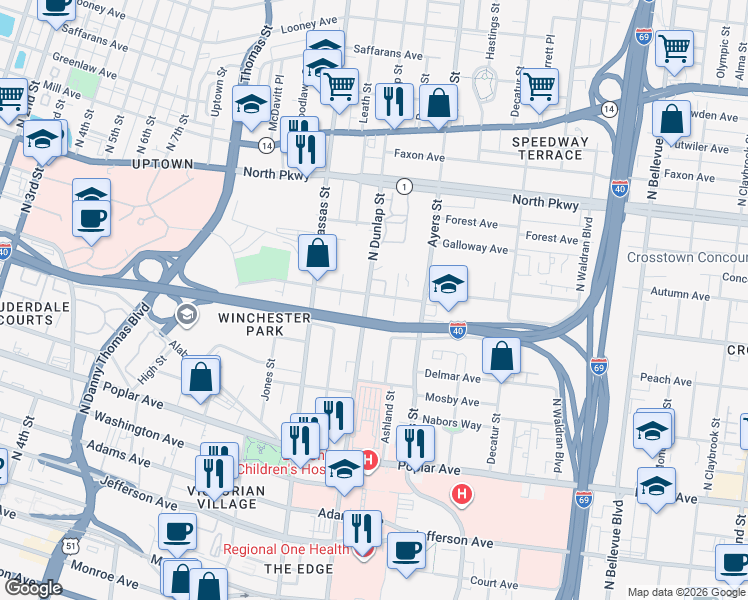 map of restaurants, bars, coffee shops, grocery stores, and more near 843 Lane Avenue in Memphis