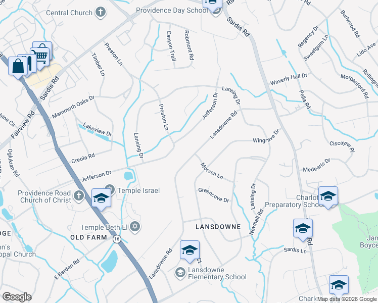 map of restaurants, bars, coffee shops, grocery stores, and more near 510 Lansdowne Road in Charlotte