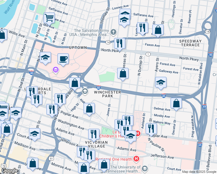 map of restaurants, bars, coffee shops, grocery stores, and more near 679 Concord in Memphis